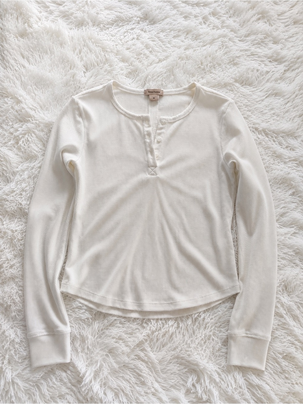White Waffle Knit Henley Long Sleeve Top